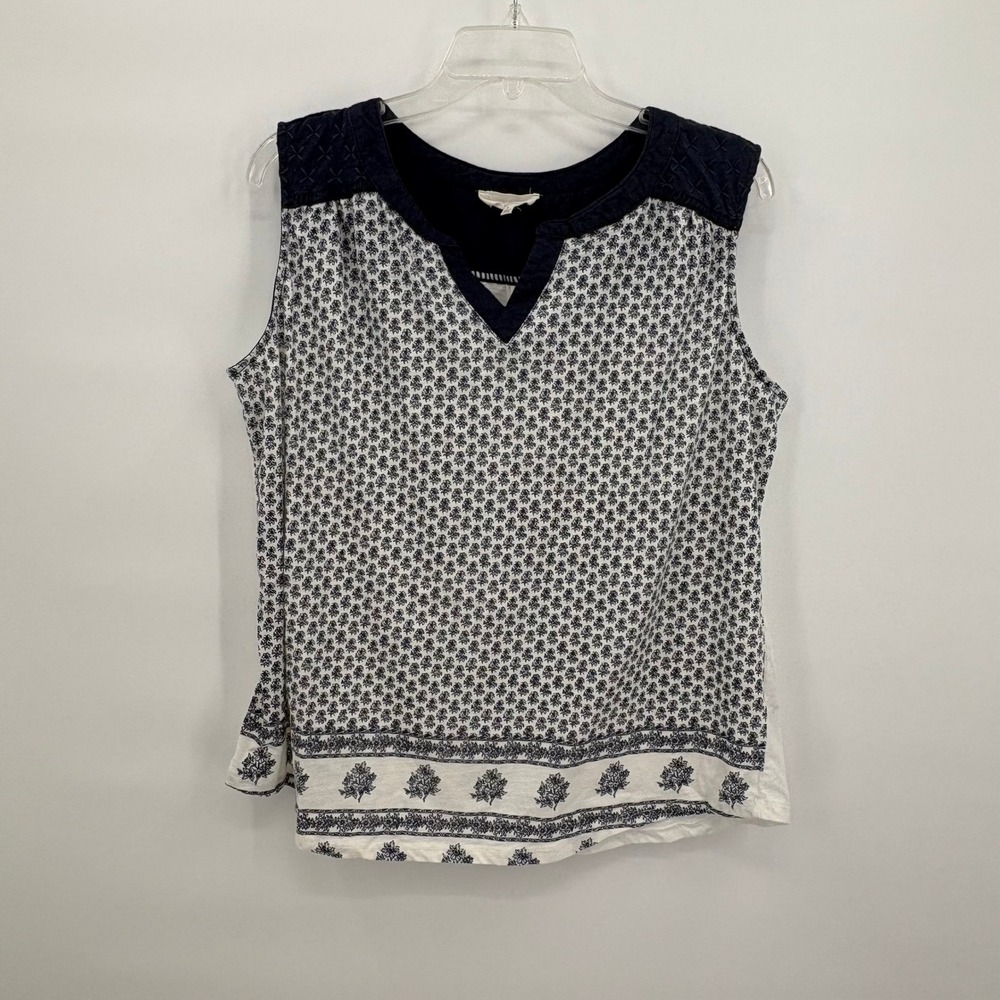 Dept 222 Womens Large Navy Blue White Floral Block Print Sleeveless Top R17M2316